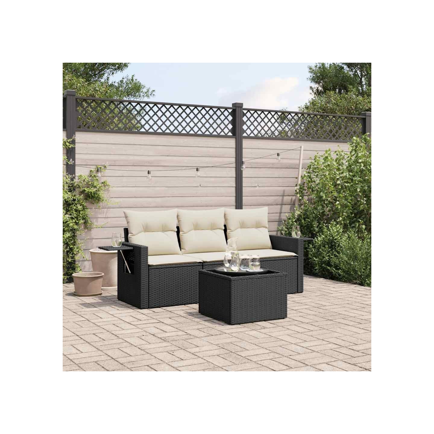 Salon de jardin 4 pcs avec coussins noir résine tressée