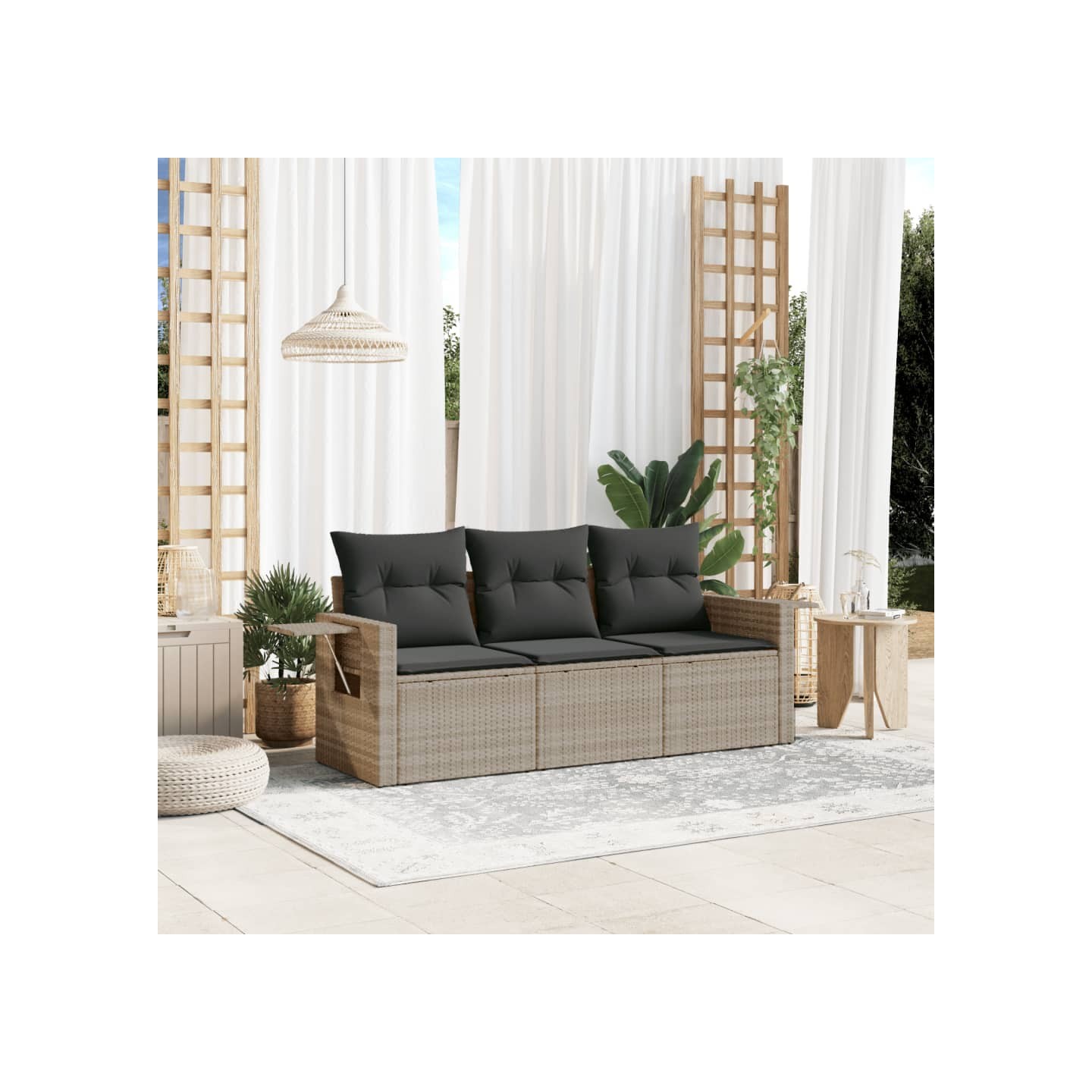 Salon de jardin avec coussins 3 pcs gris clair résine tressée