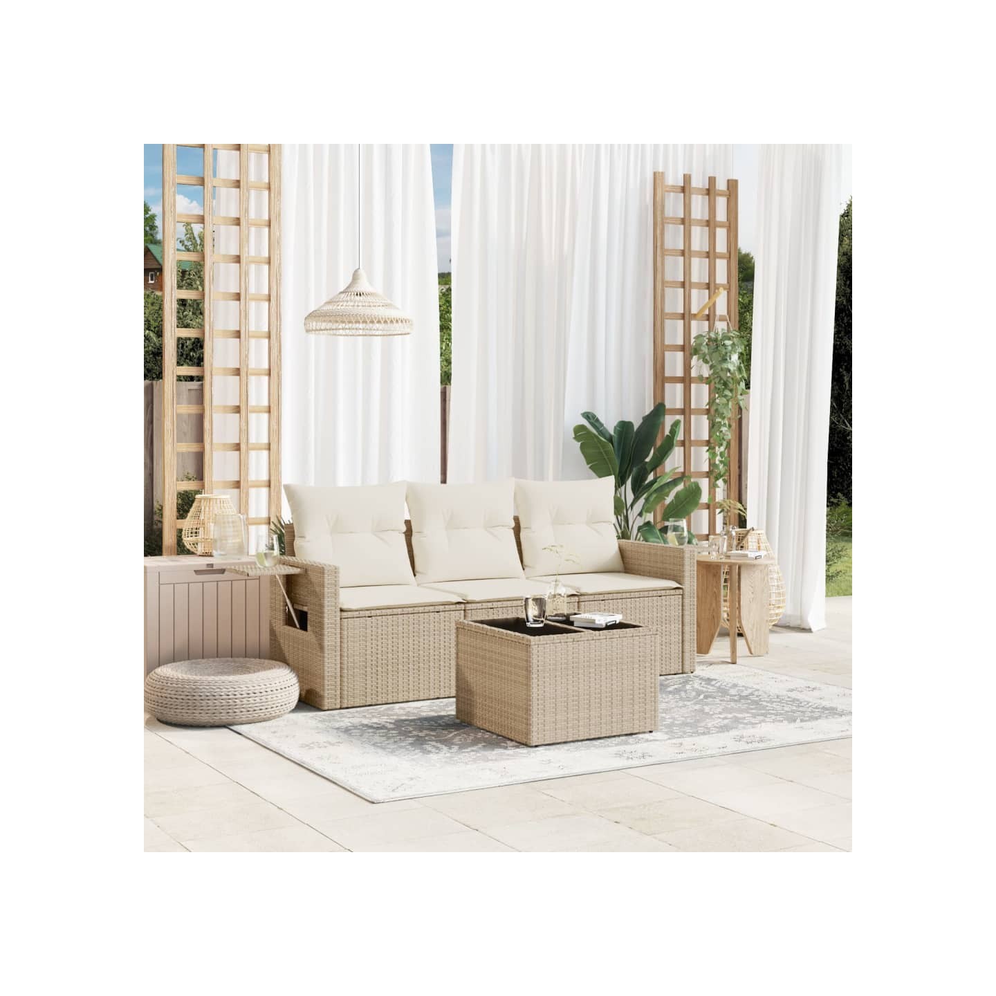 Salon de jardin avec coussins 4 pcs beige résine tressée