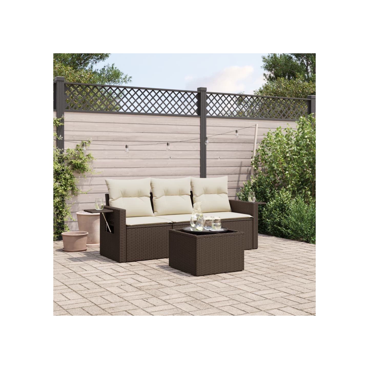 Salon de jardin 4 pcs avec coussins marron résine tressée