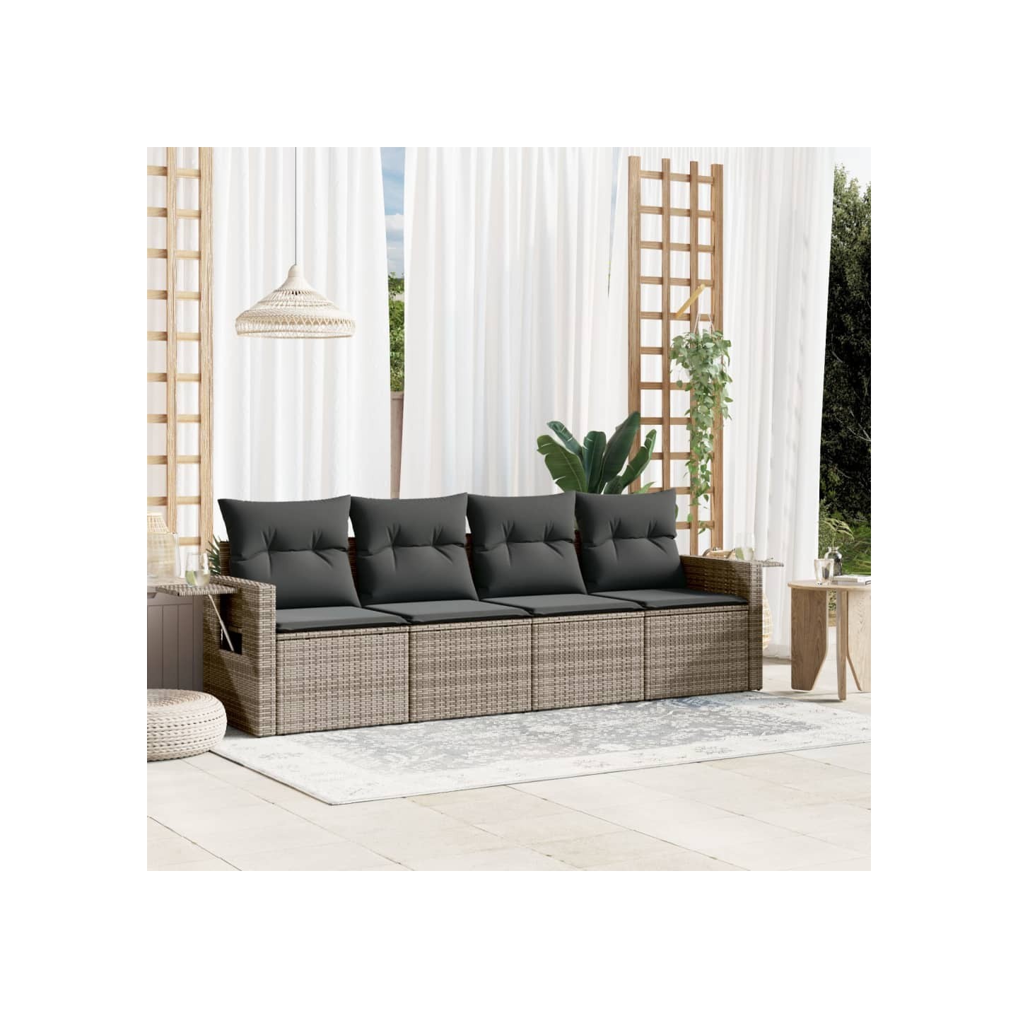Salon de jardin 4 pcs avec coussins gris résine tressée