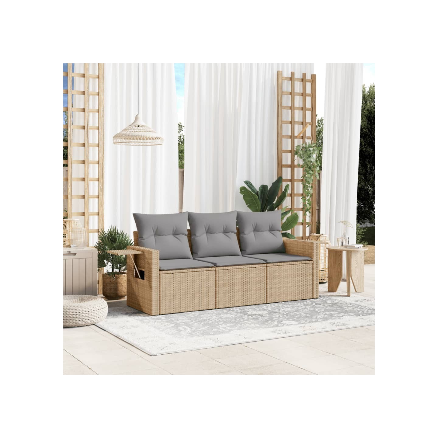 Salon de jardin avec coussins 3 pcs beige résine tressée