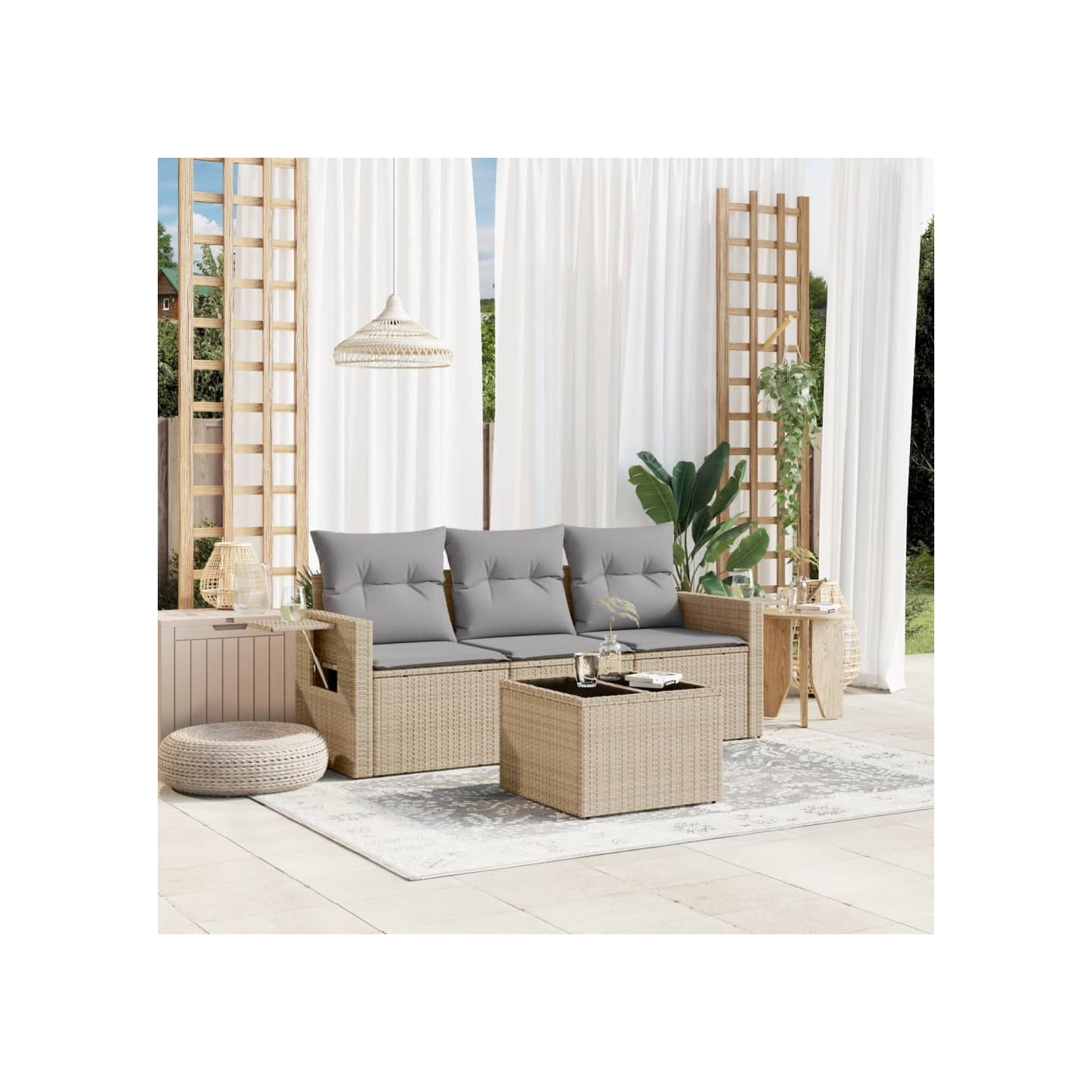 Salon de jardin avec coussins 4 pcs beige résine tressée
