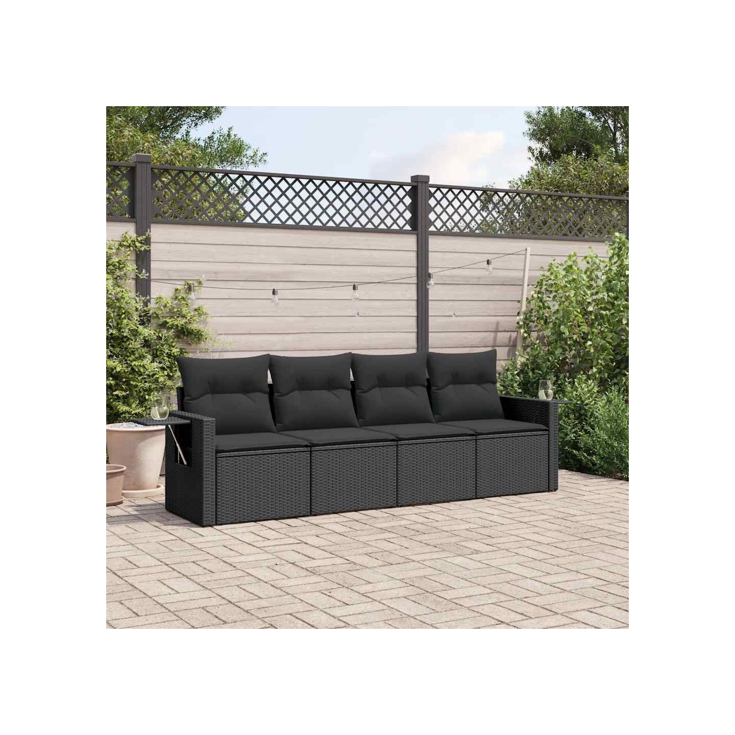 Salon de jardin 4 pcs avec coussins noir résine tressée