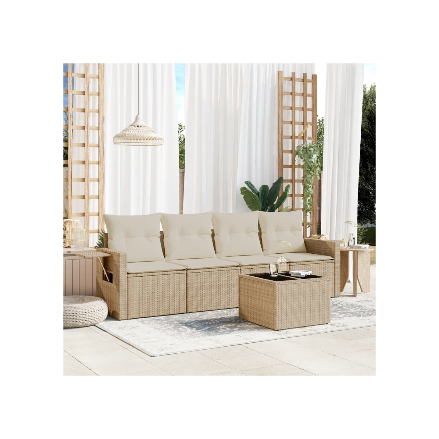Salon de jardin avec coussins 5 pcs beige résine tressée