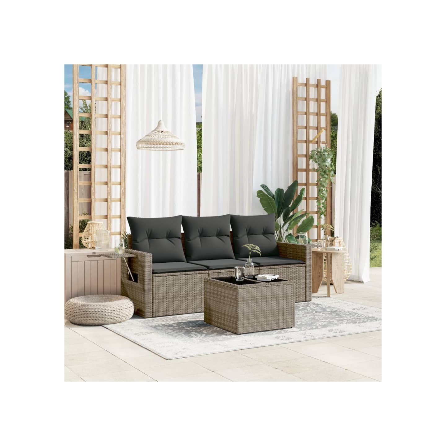 Salon de jardin 4 pcs avec coussins gris résine tressée