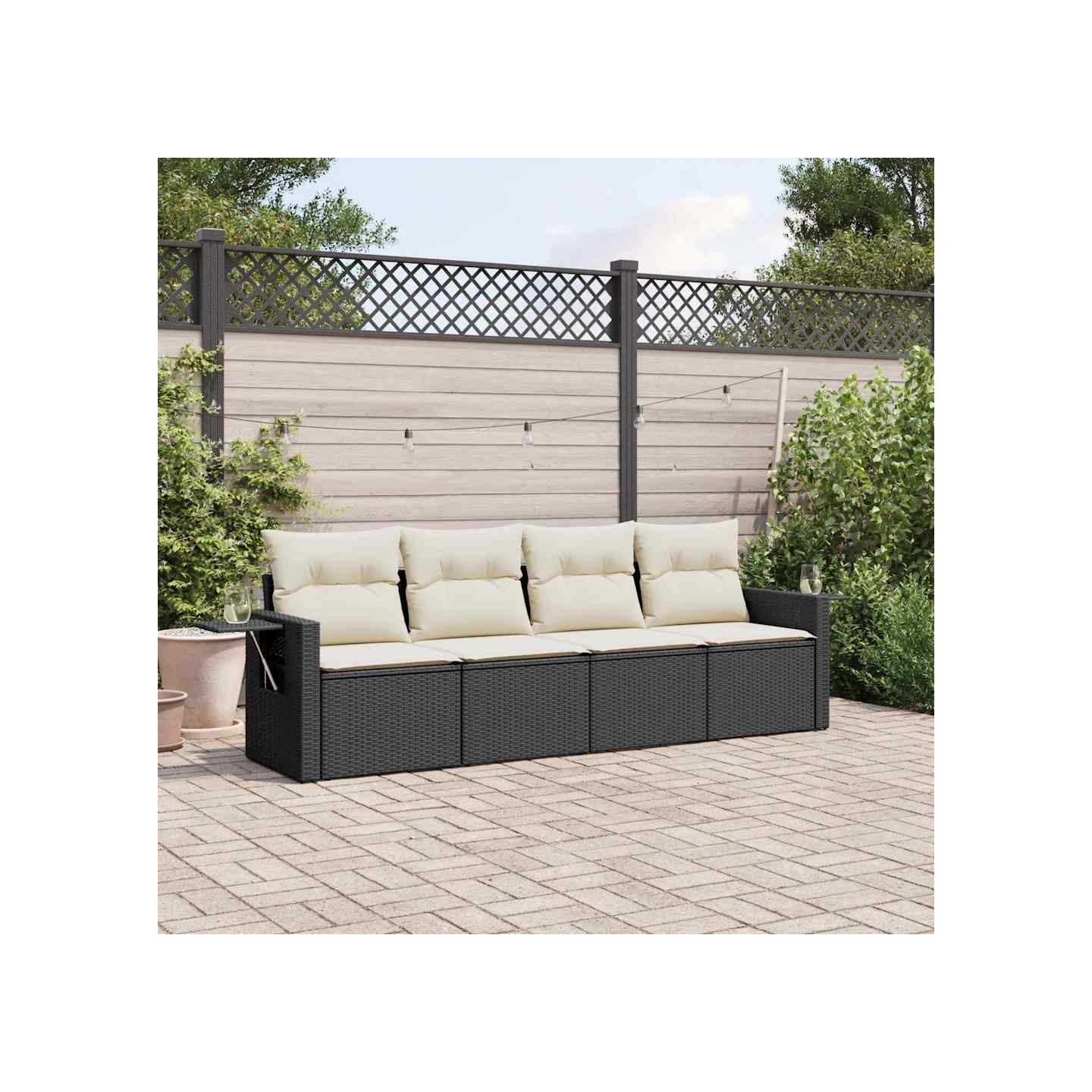 Salon de jardin 4 pcs avec coussins noir résine tressée