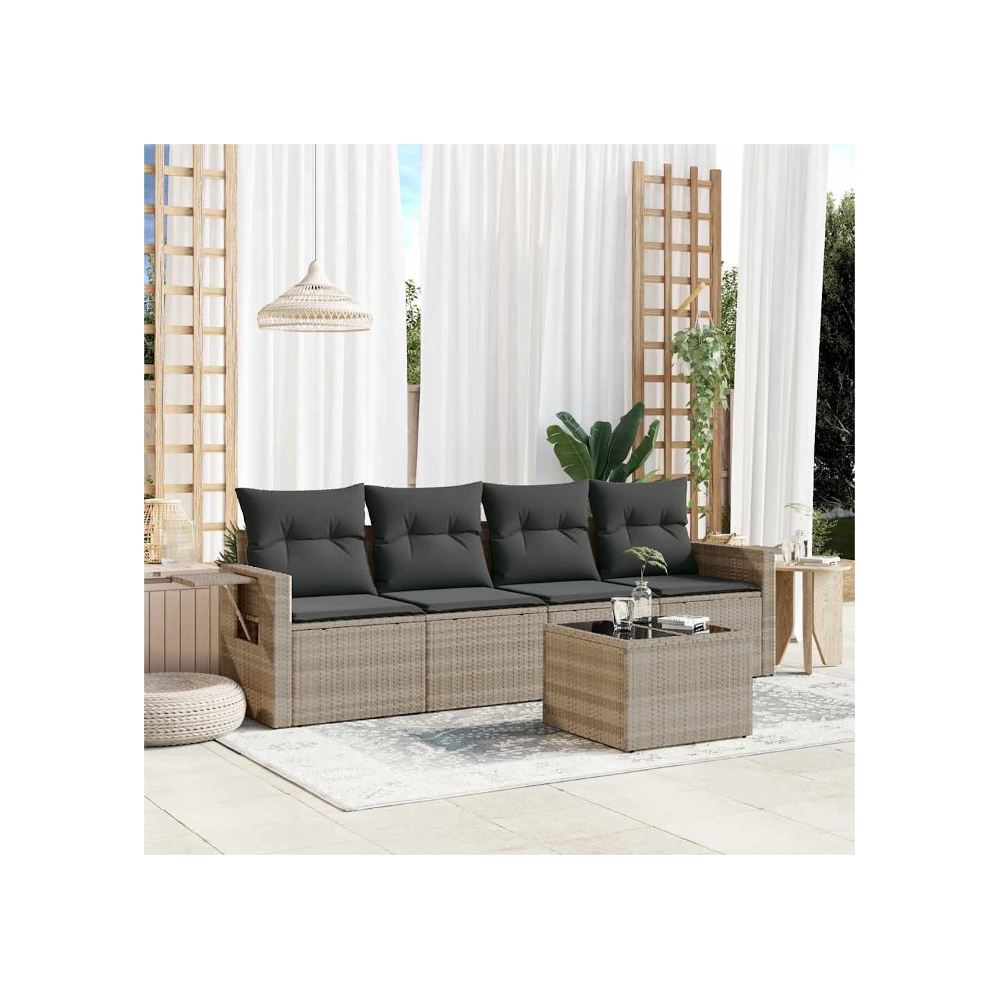 Salon de jardin 5 pcs avec coussins gris clair résine tressée