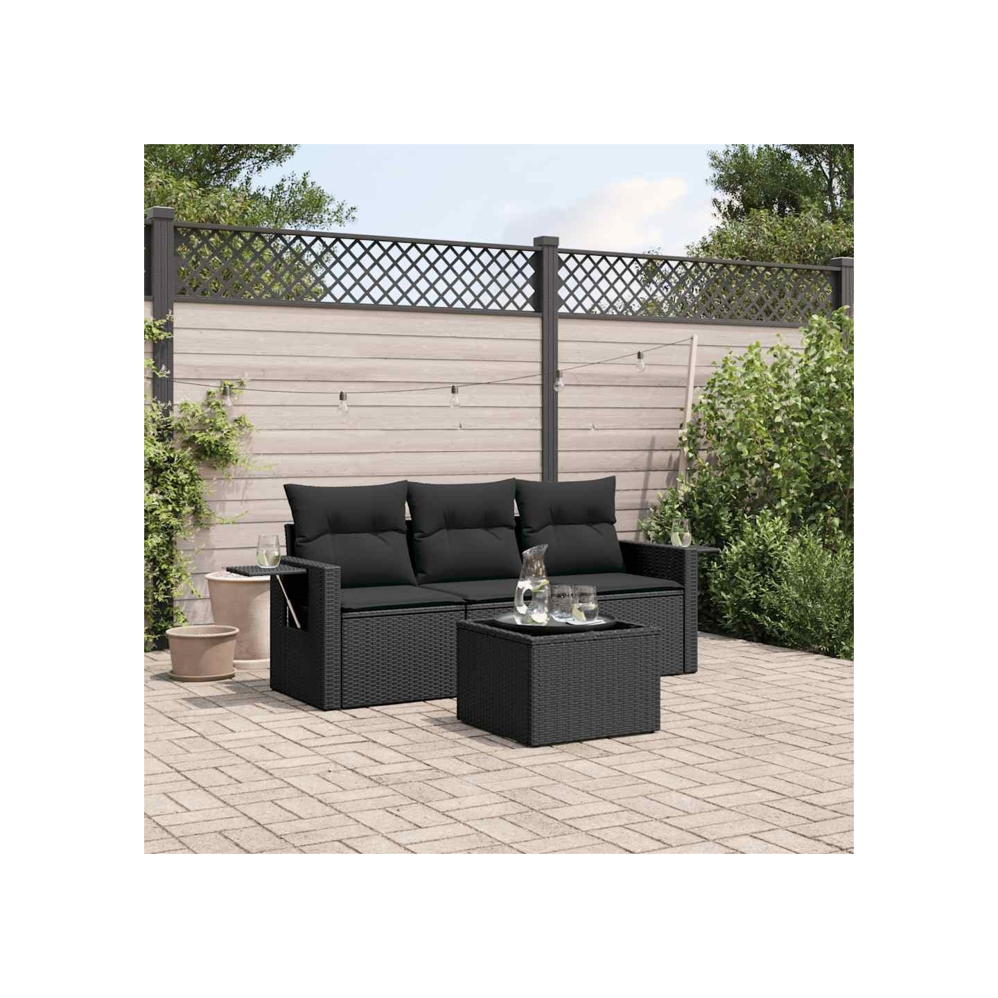 Salon de jardin 4 pcs avec coussins noir résine tressée