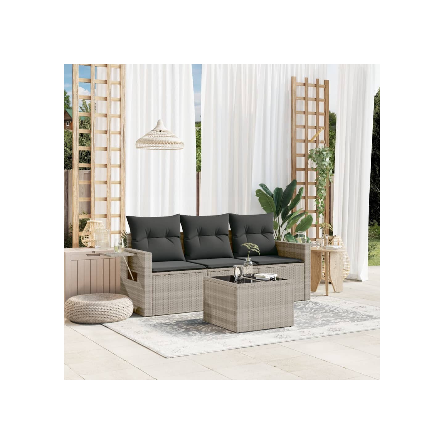 Salon de jardin 4 pcs avec coussins gris clair résine tressée