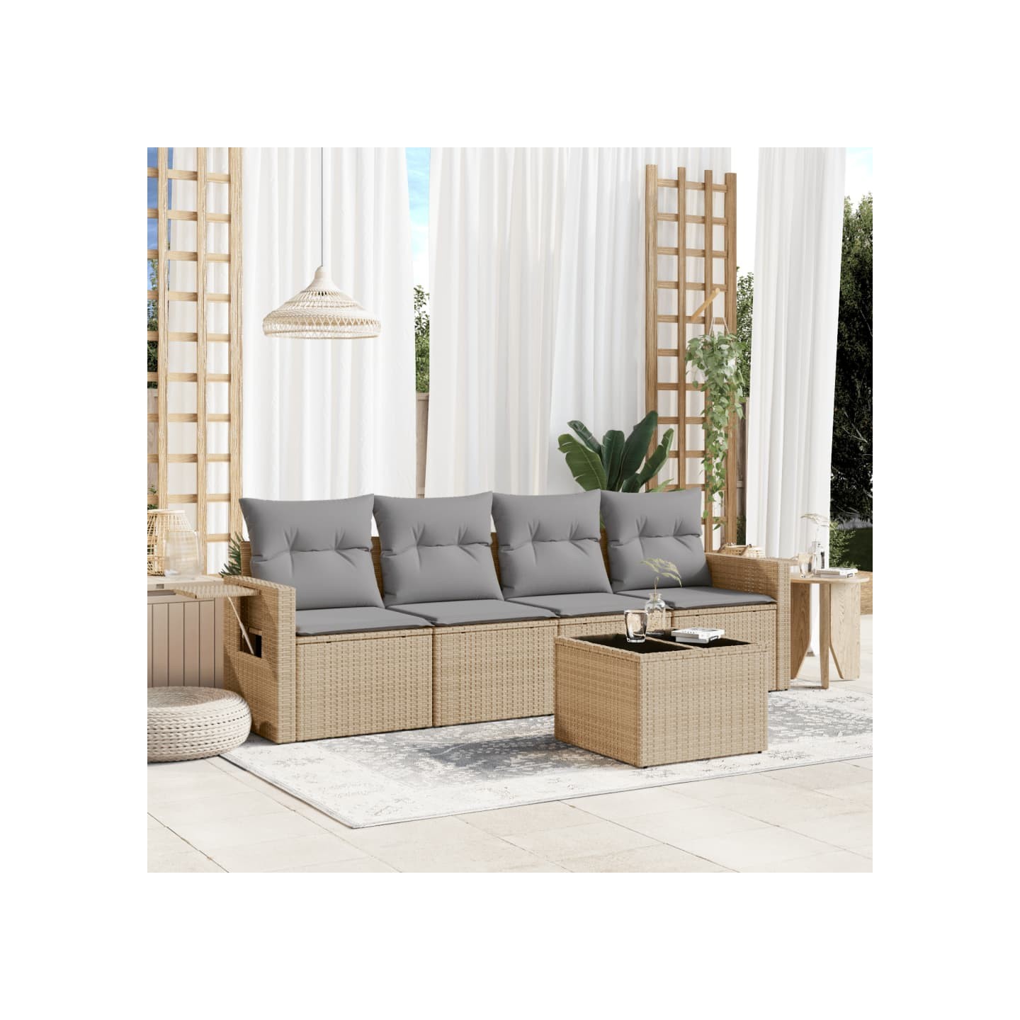 Salon de jardin avec coussins 5 pcs beige résine tressée