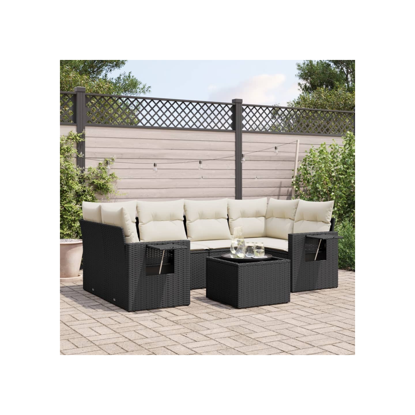 Salon de jardin 7 pcs avec coussins noir résine tressée