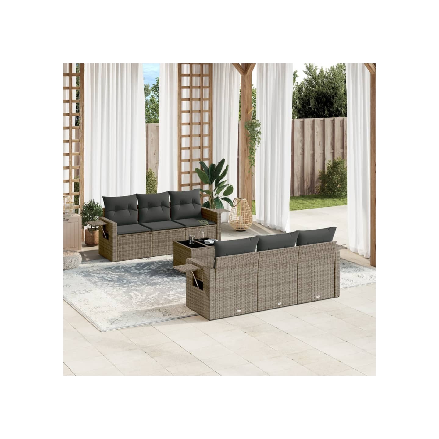 Salon de jardin avec coussins 7 pcs gris résine tressée