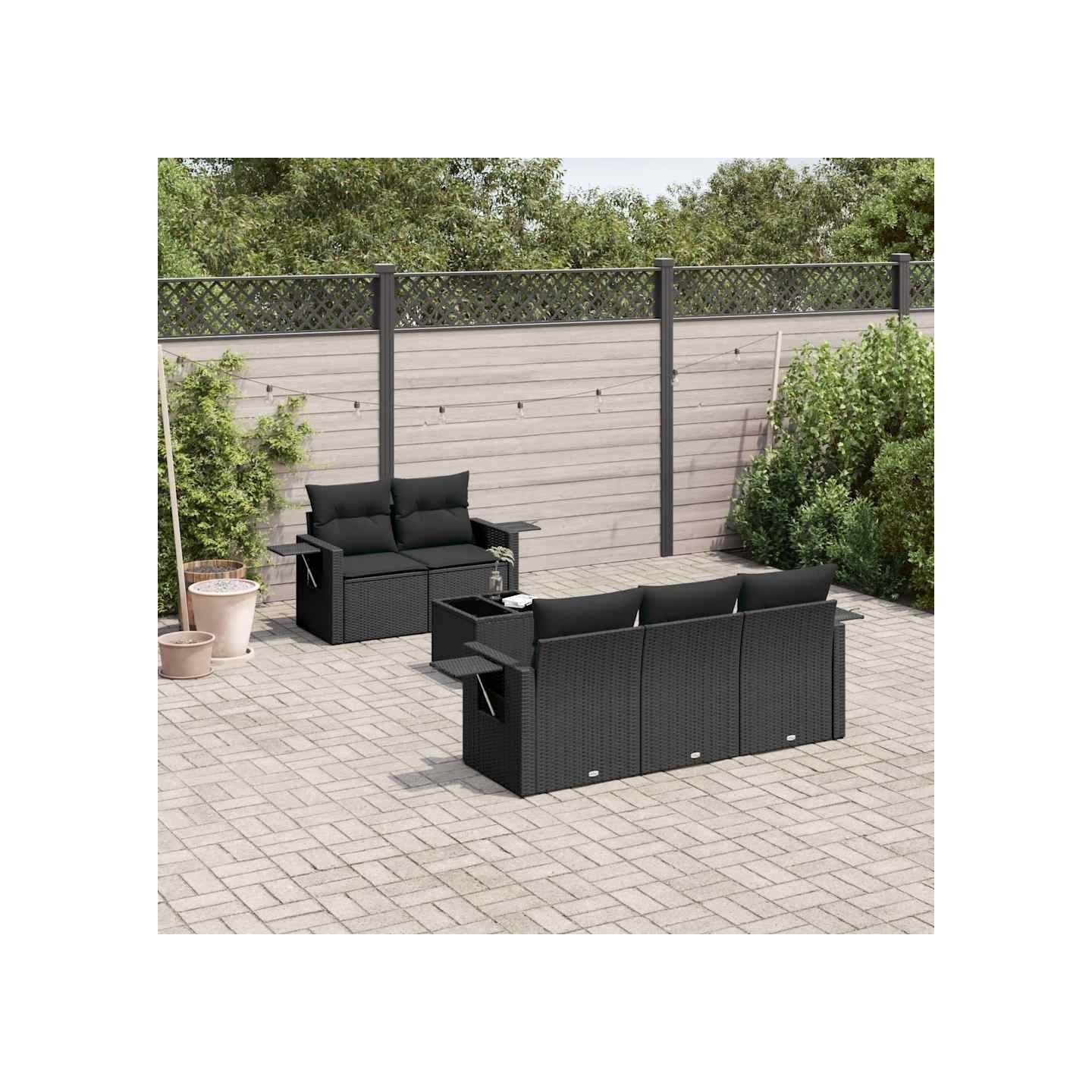 Salon de jardin 6 pcs avec coussins noir résine tressée