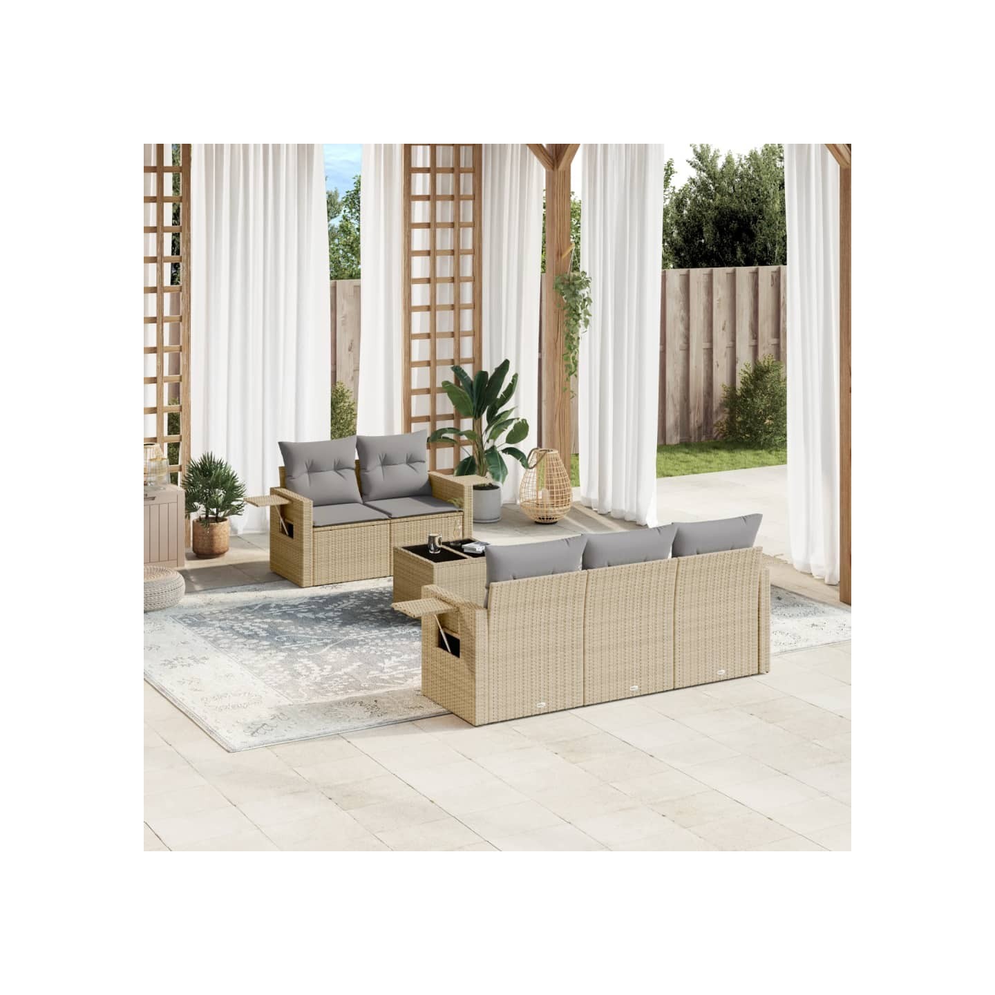 Salon de jardin avec coussins 6 pcs beige résine tressée