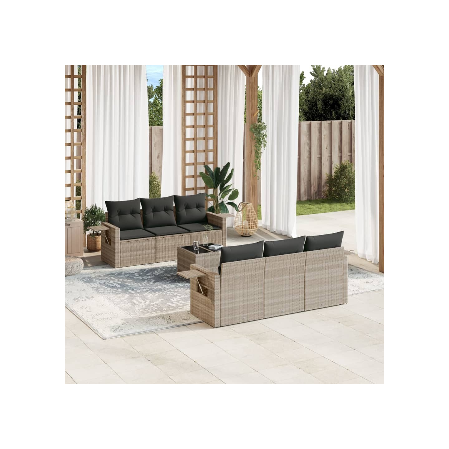 Salon de jardin avec coussins 7 pcs gris clair résine tressée