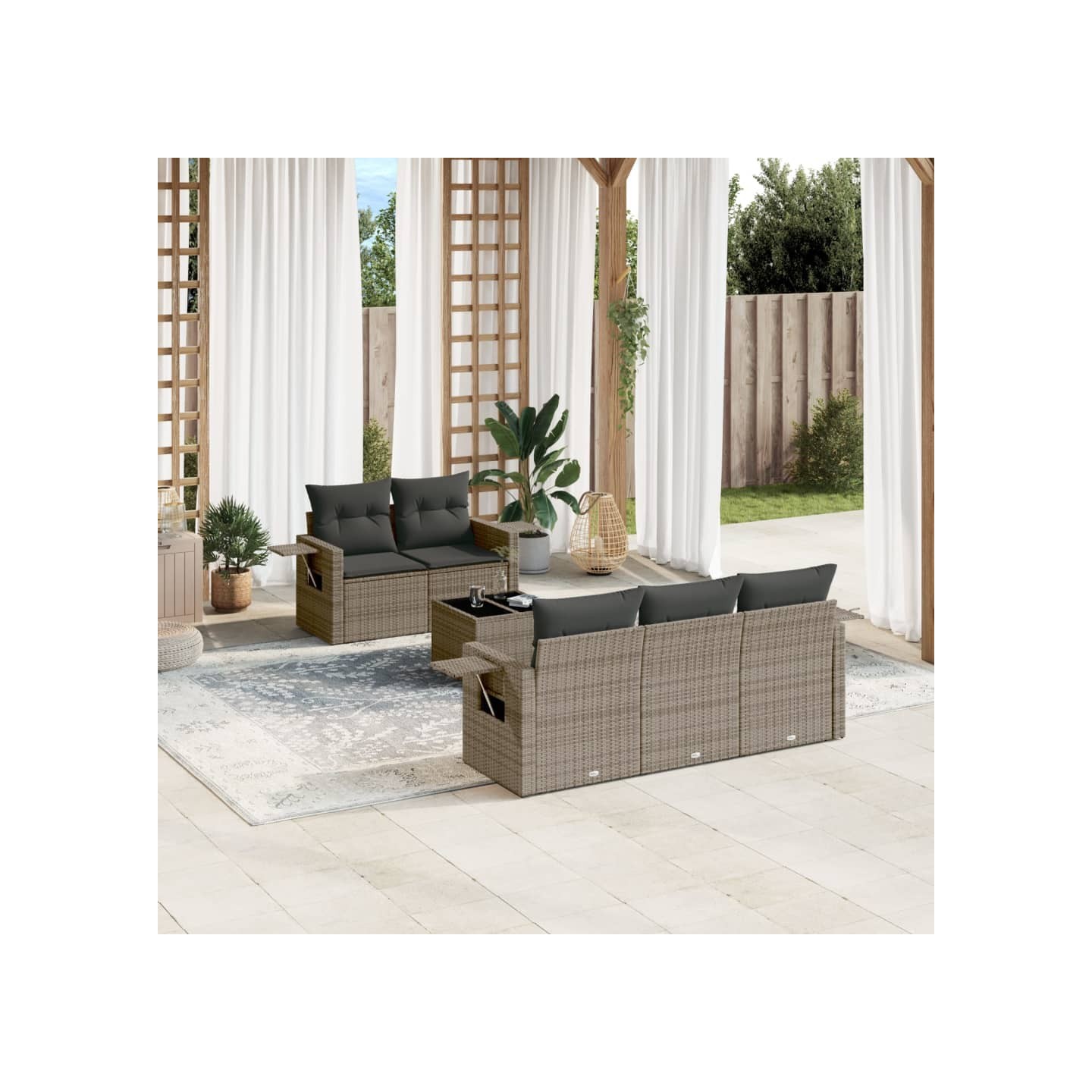 Salon de jardin 6 pcs avec coussins gris résine tressée