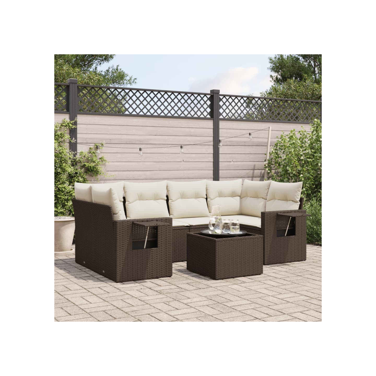 Salon de jardin avec coussins 7 pcs marron résine tressée