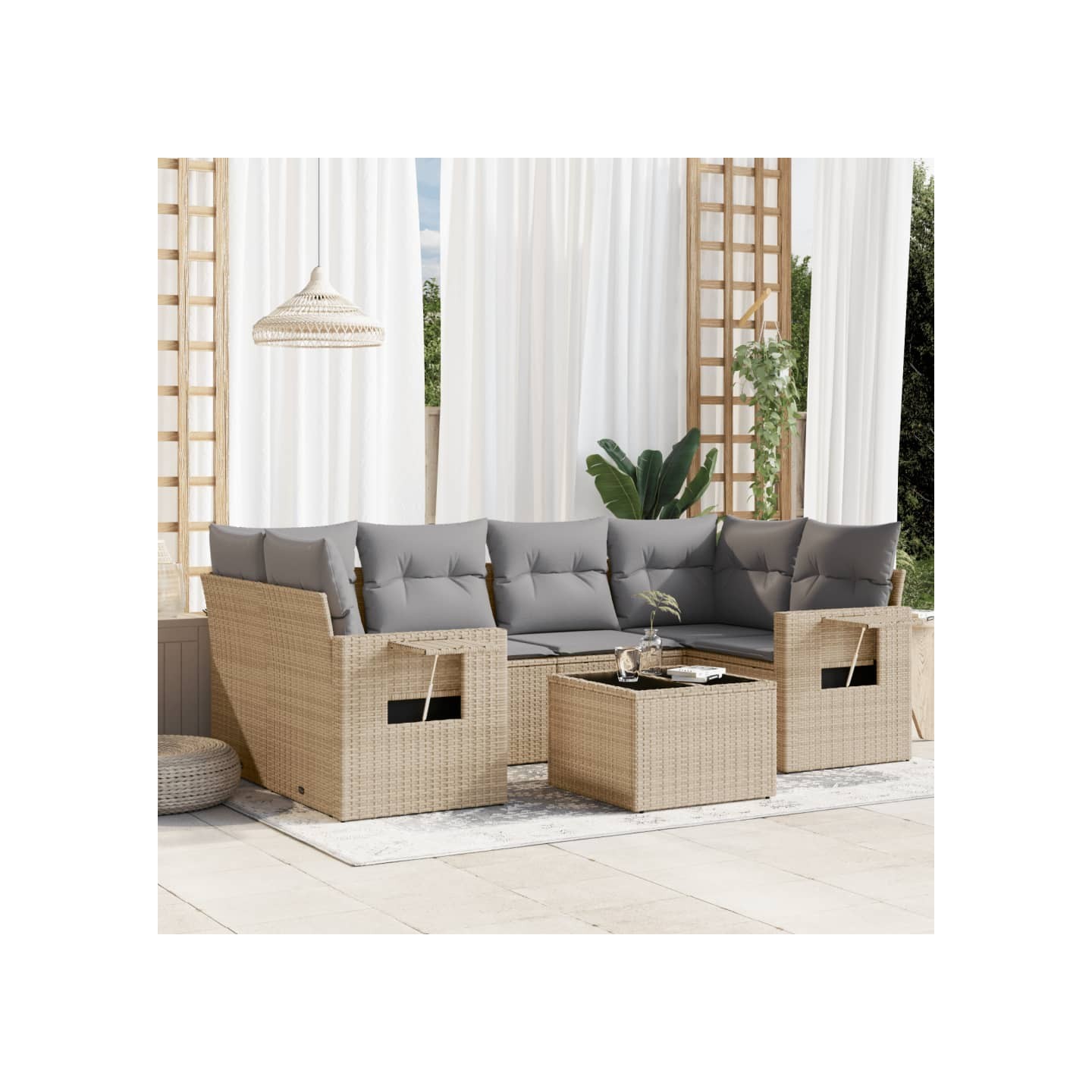 Salon de jardin avec coussins 7 pcs beige résine tressée