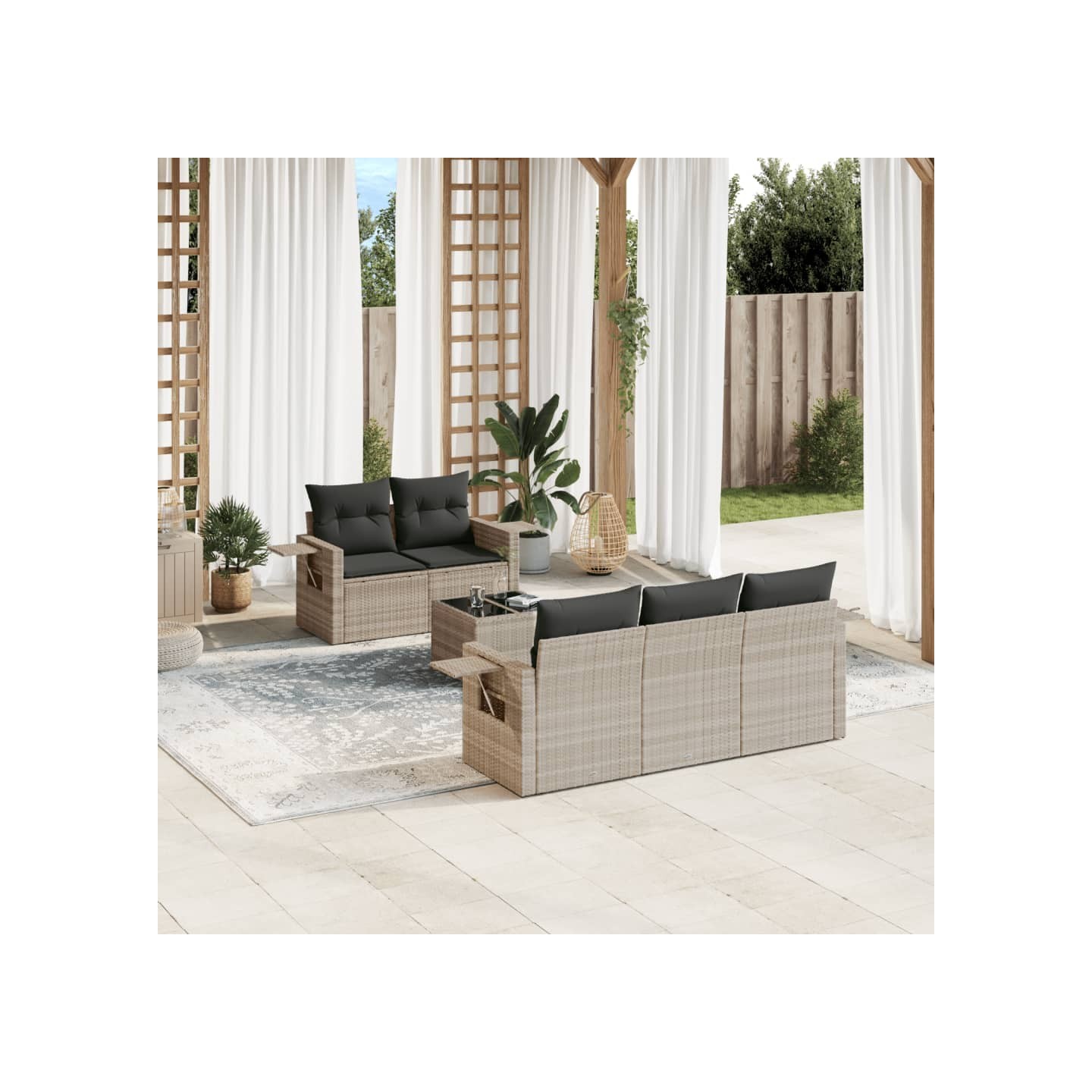 Salon de jardin 6 pcs avec coussins gris clair résine tressée