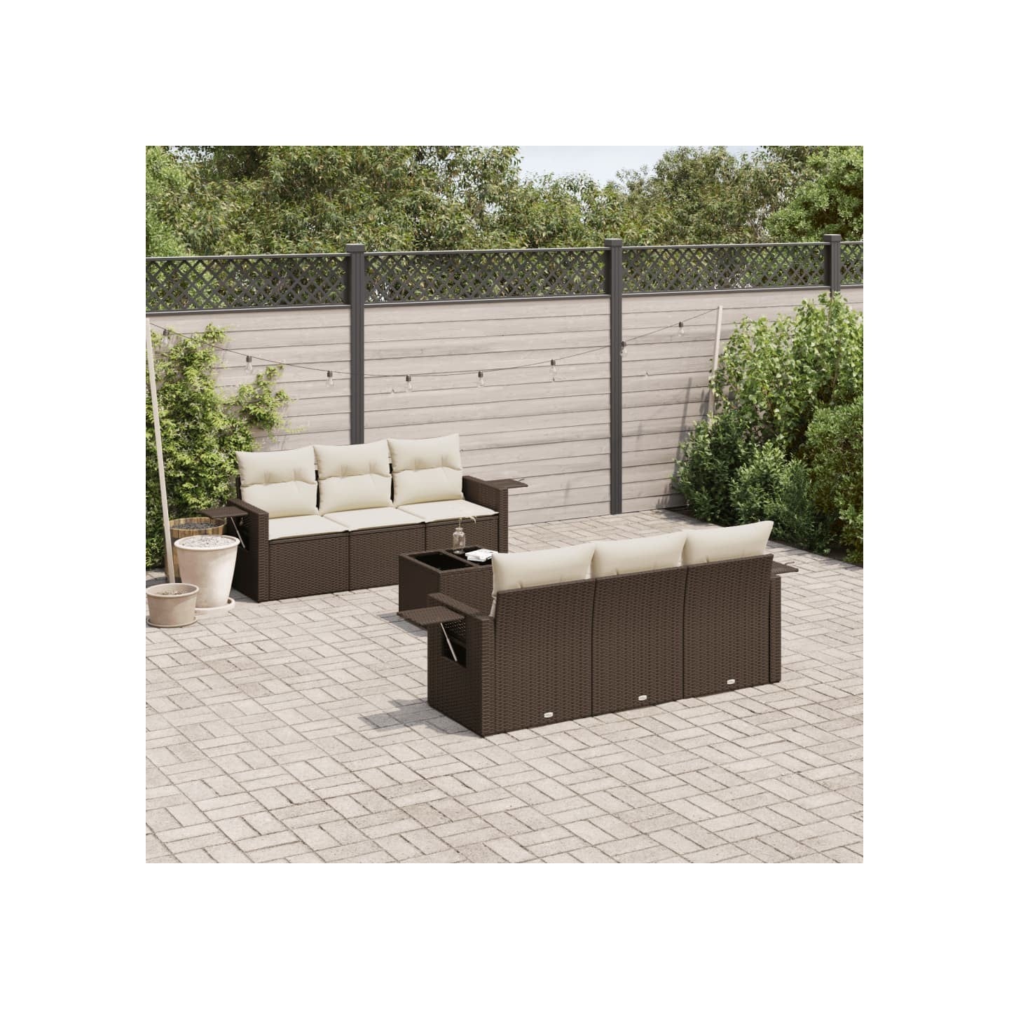 Salon de jardin avec coussins 7 pcs marron résine tressée