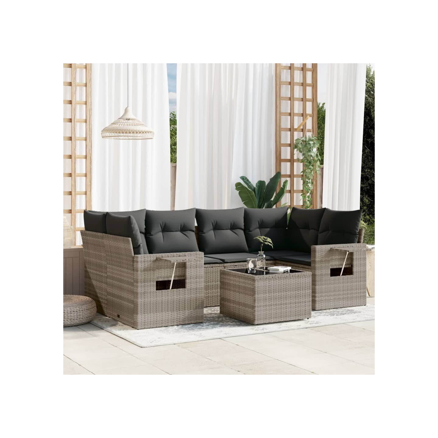 Salon de jardin avec coussins 7 pcs gris clair résine tressée