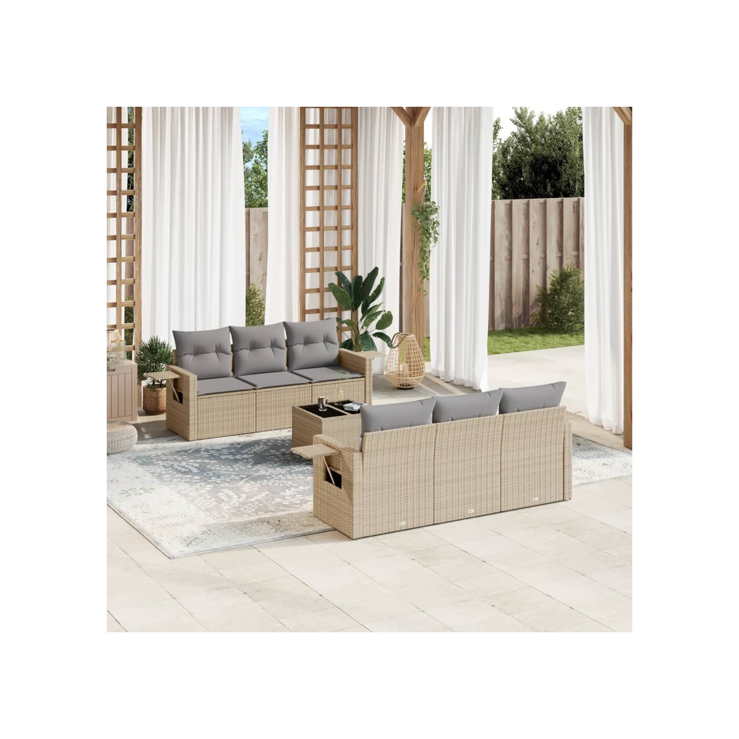 Salon de jardin avec coussins 7 pcs beige résine tressée