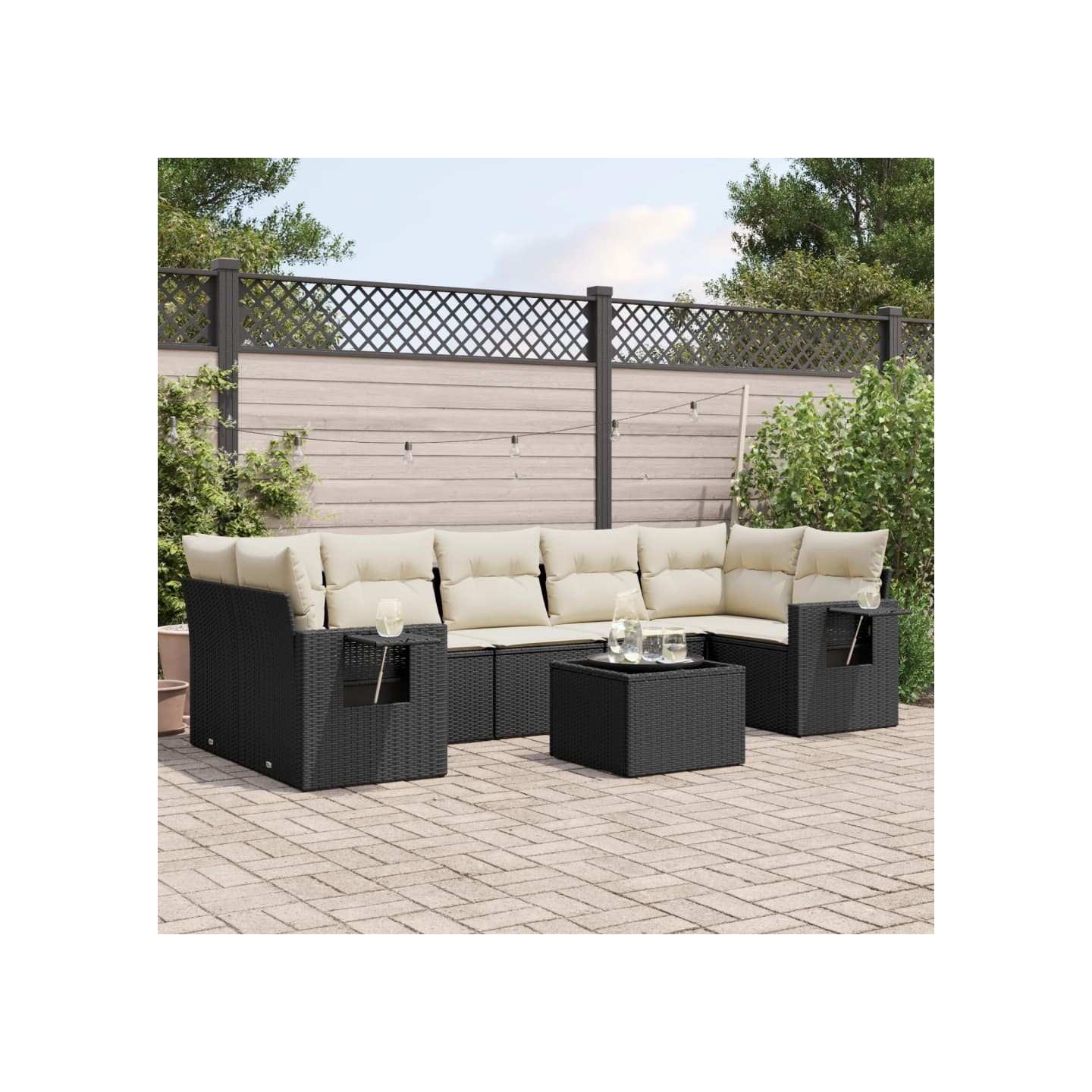 Salon de jardin 8 pcs avec coussins noir résine tressée