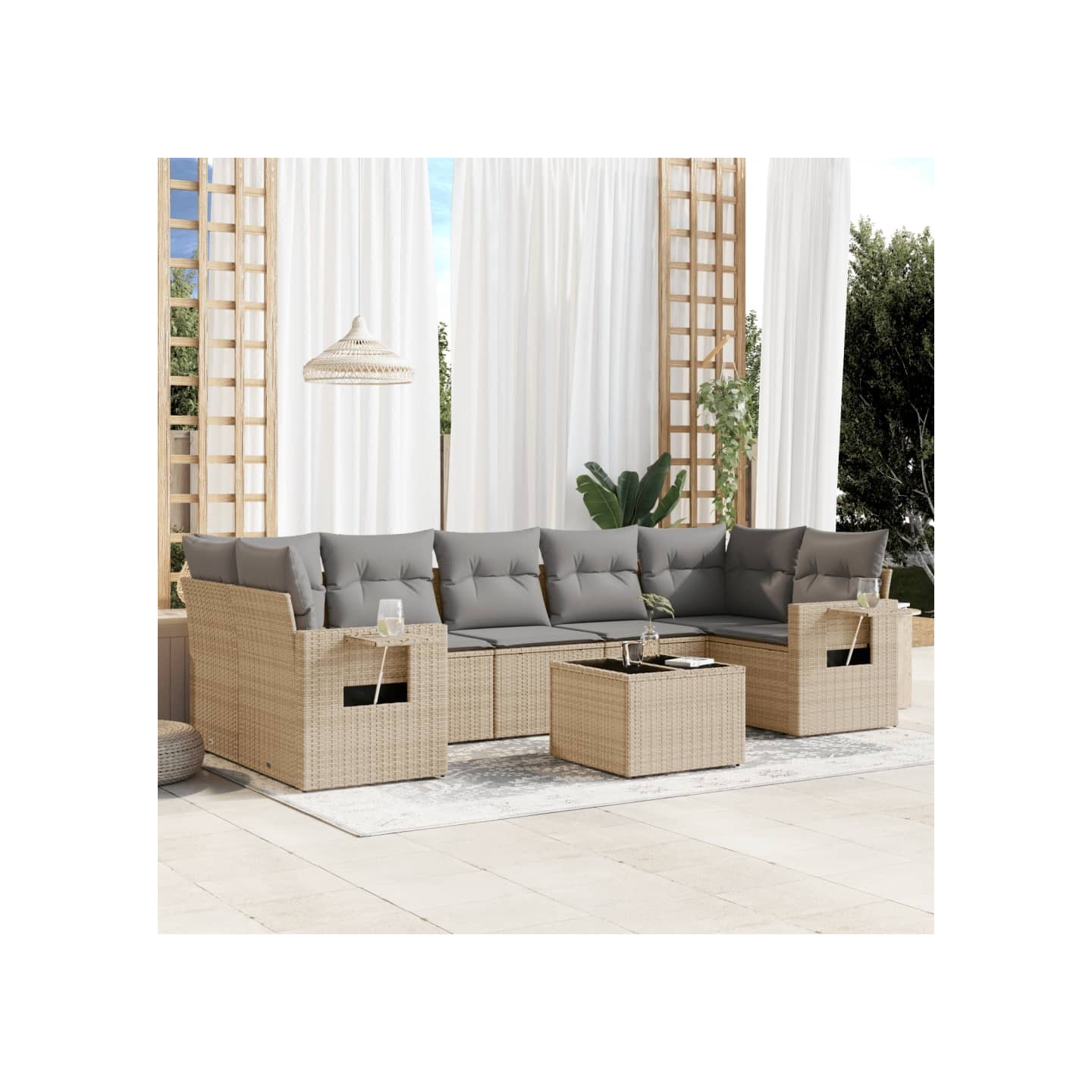 Salon de jardin avec coussins 8 pcs beige résine tressée