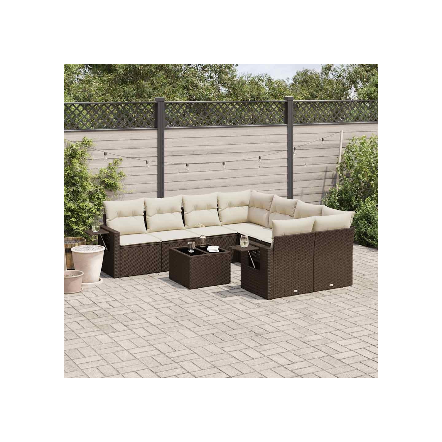 Salon de jardin avec coussins 9 pcs marron résine tressée