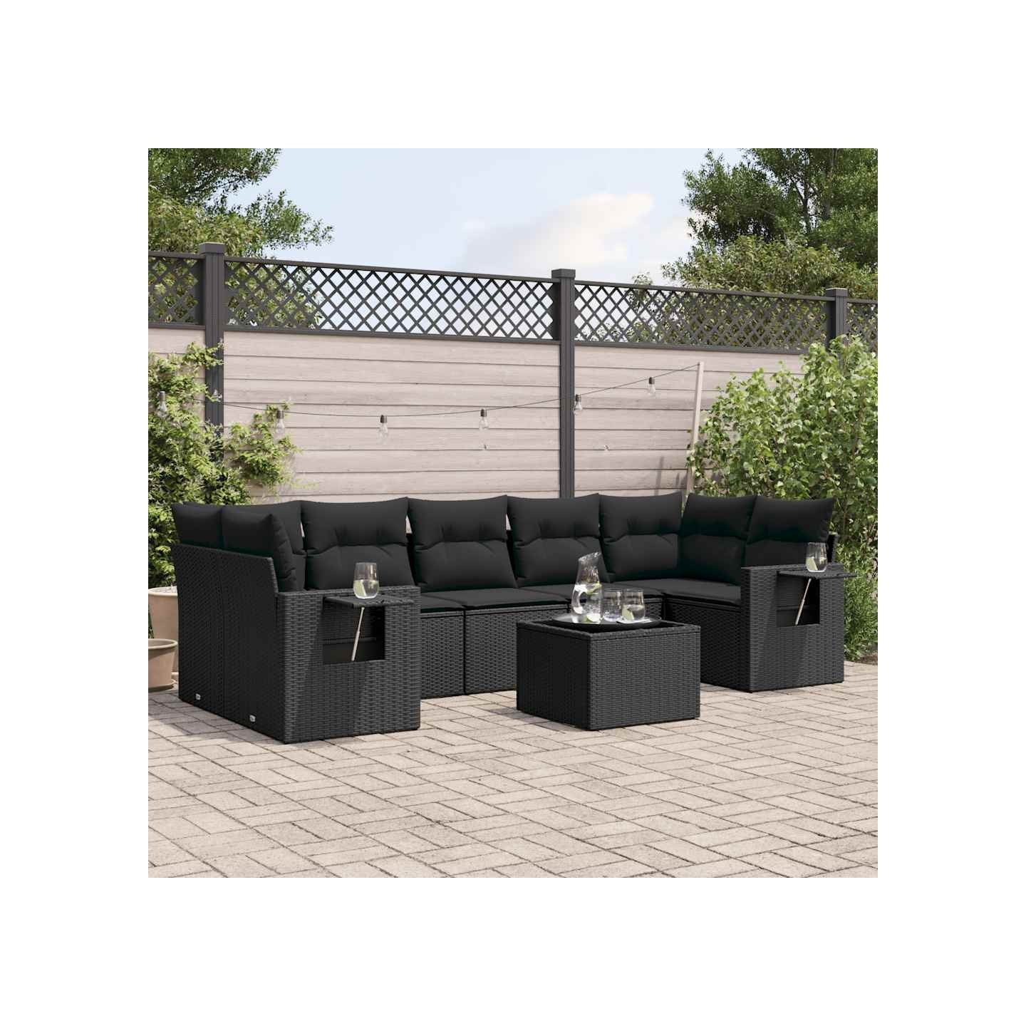 Salon de jardin 8 pcs avec coussins noir résine tressée