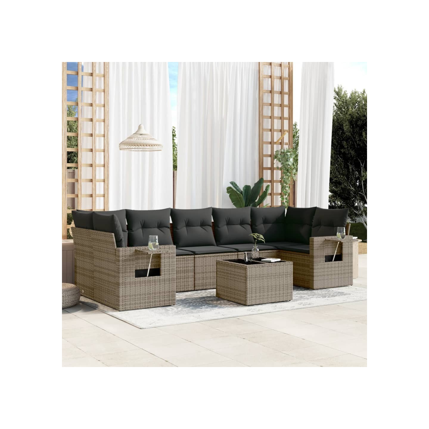 Salon de jardin 8 pcs avec coussins gris résine tressée