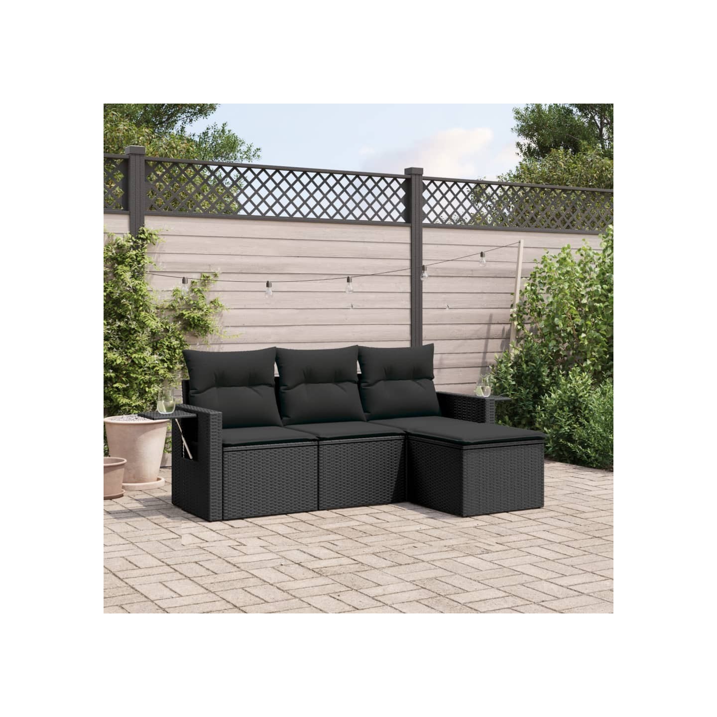 Salon de jardin 4 pcs avec coussins noir résine tressée