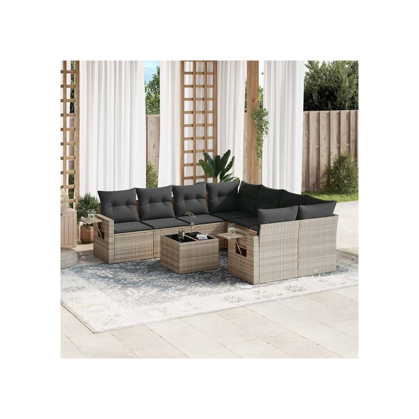 Salon de jardin 9 pcs avec coussins gris clair résine tressée
