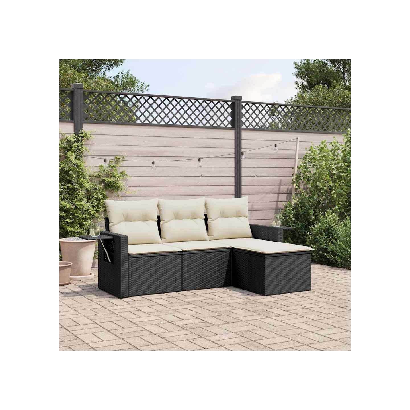 Salon de jardin 4 pcs avec coussins noir résine tressée