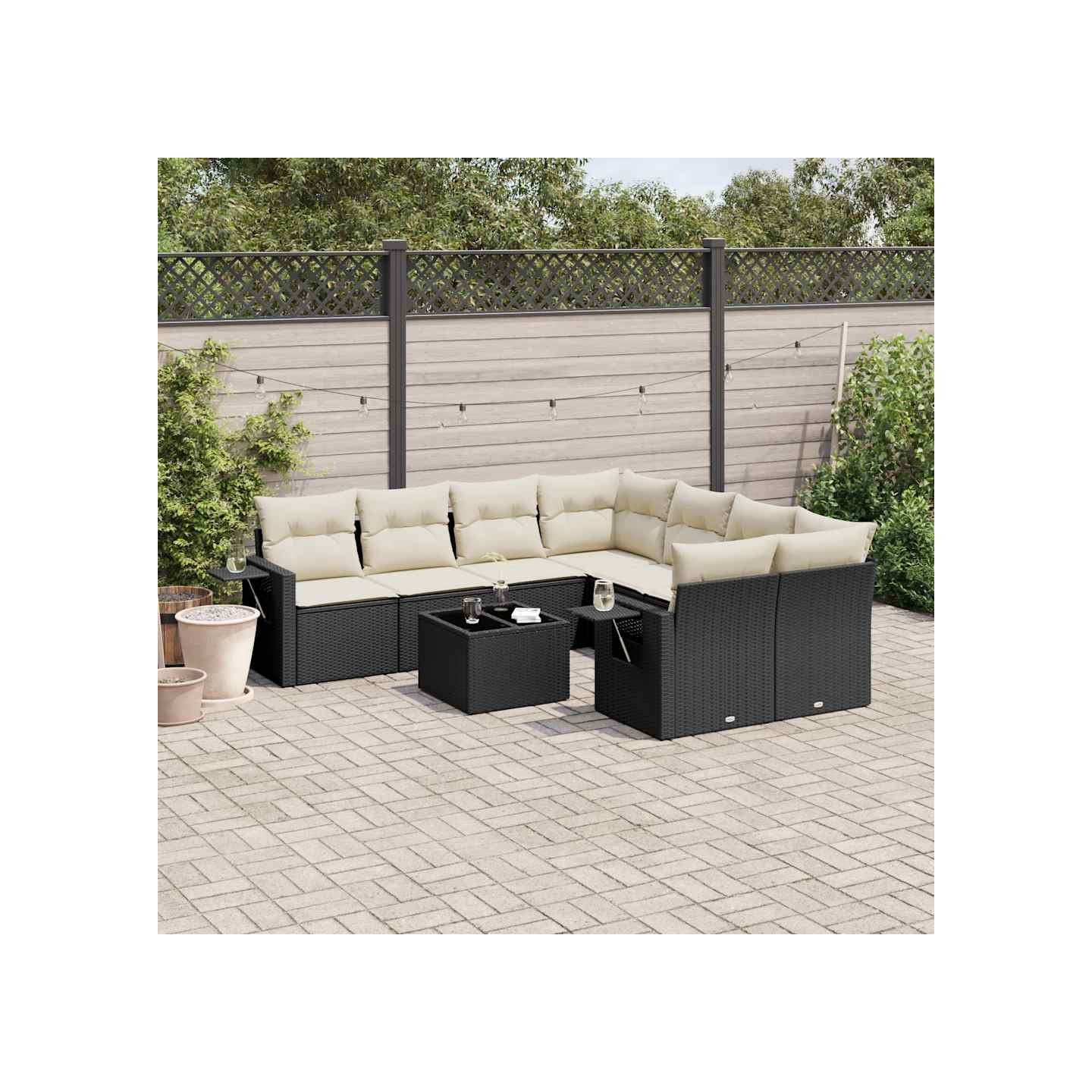 Salon de jardin 9 pcs avec coussins noir résine tressée
