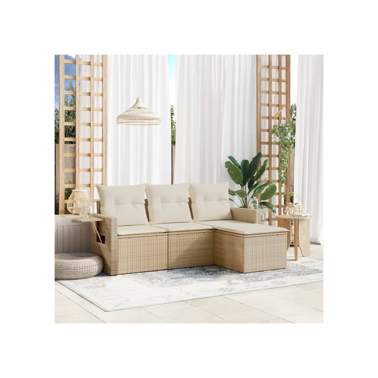 Salon de jardin avec coussins 4 pcs beige résine tressée
