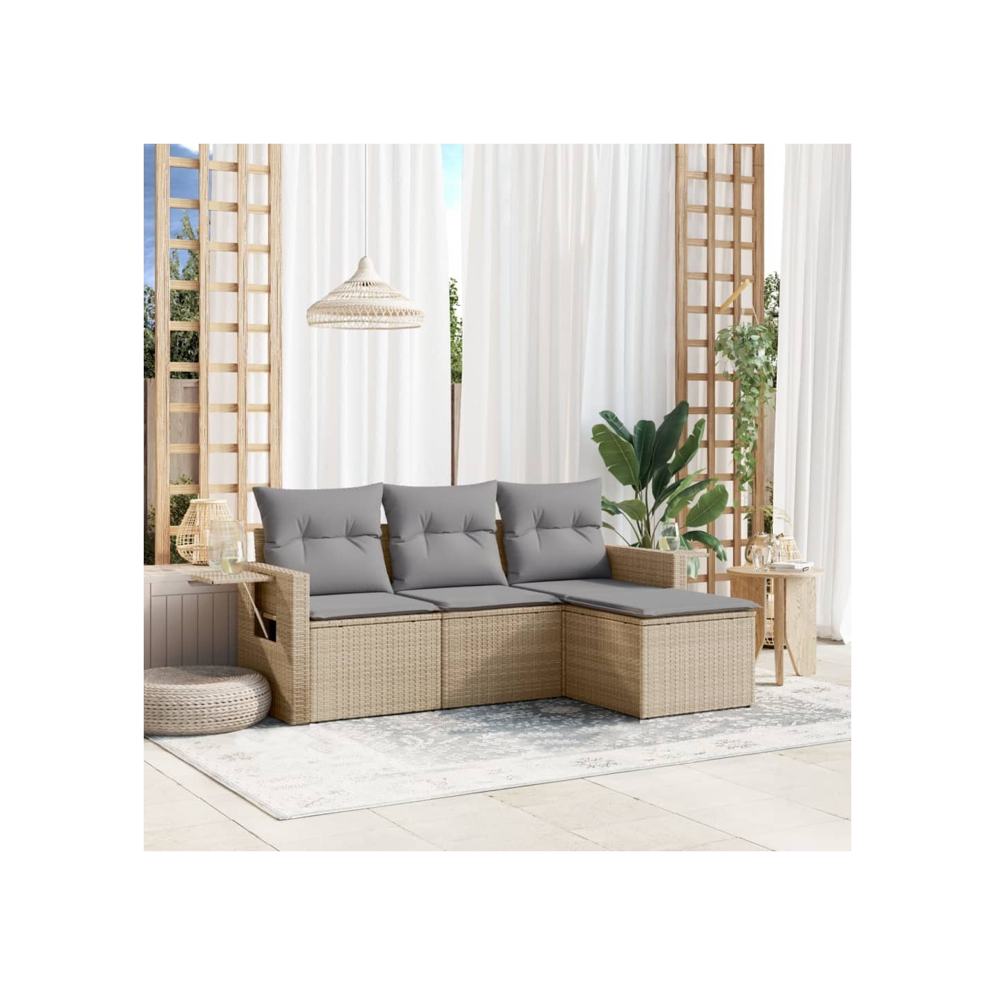 Salon de jardin avec coussins 4 pcs beige résine tressée