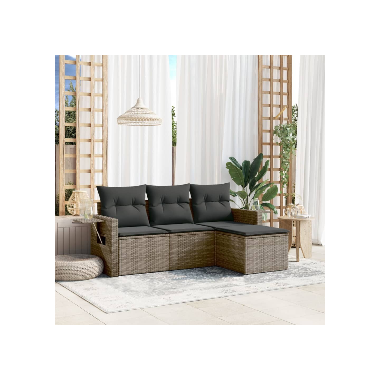 Salon de jardin 4 pcs avec coussins gris résine tressée