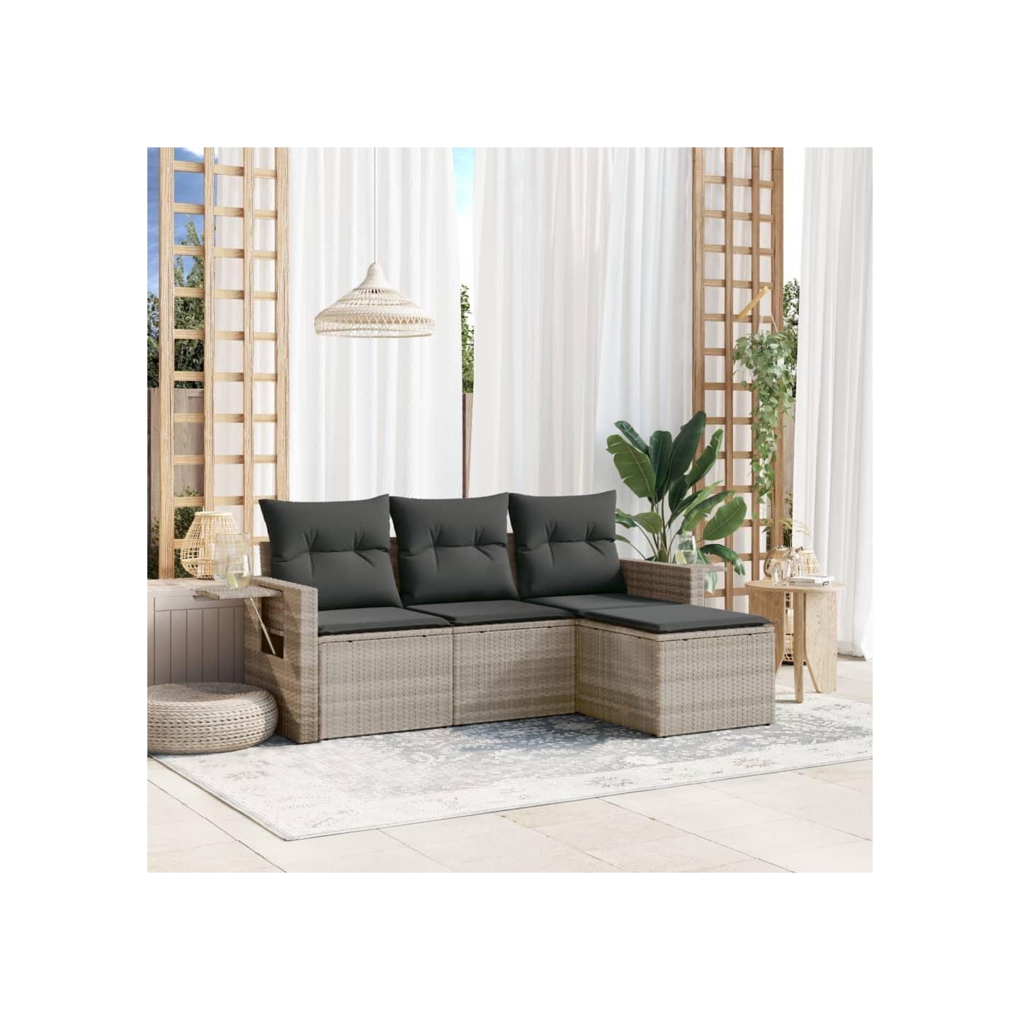 Salon de jardin 4 pcs avec coussins gris clair résine tressée