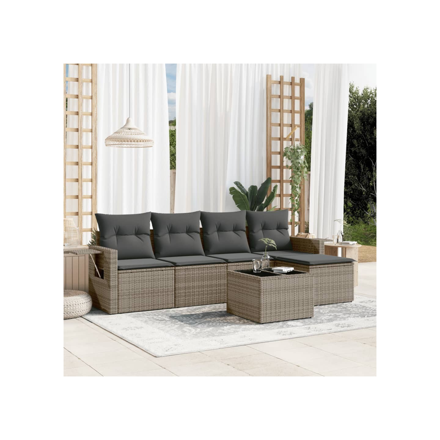 Salon de jardin 6 pcs avec coussins gris résine tressée