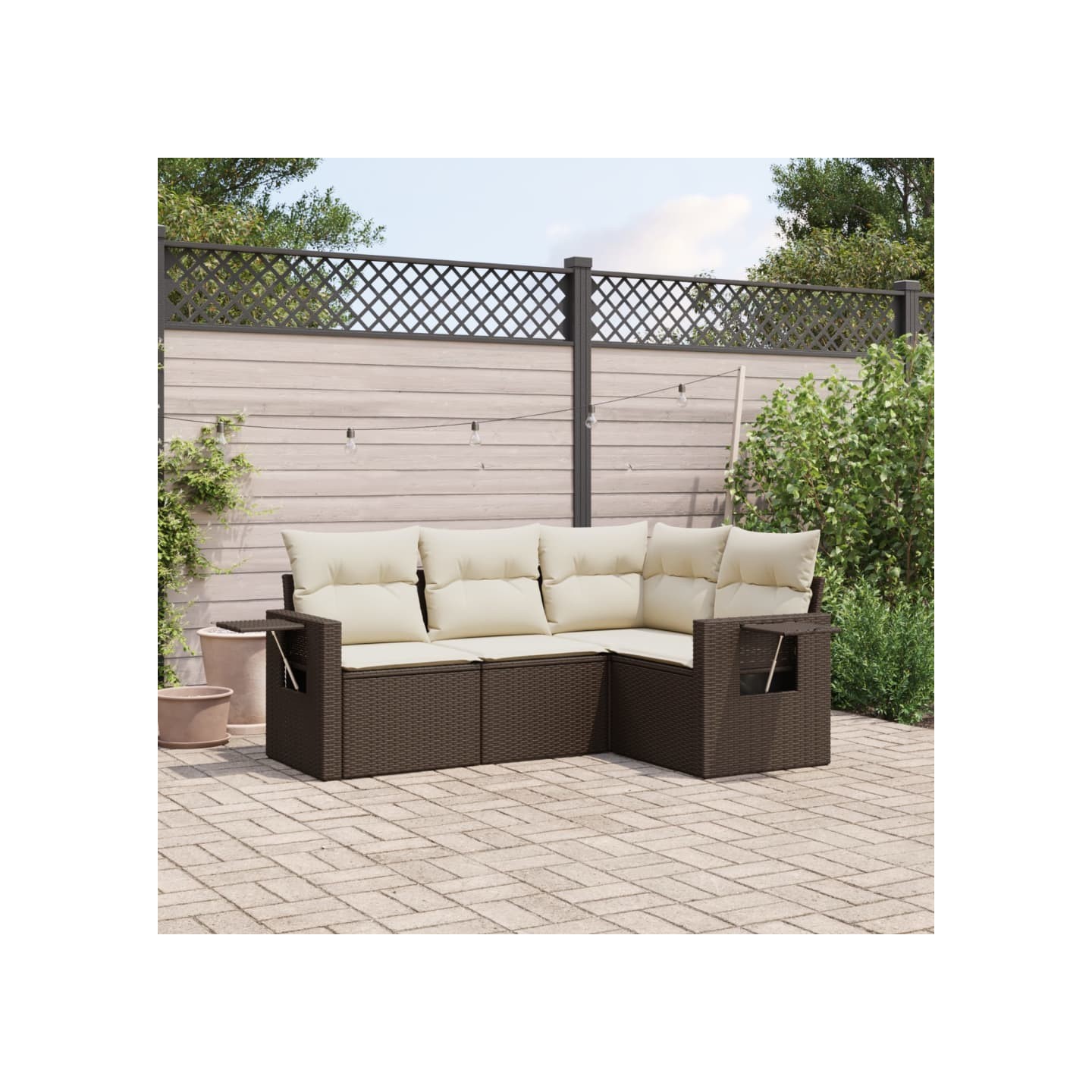 Salon de jardin 4 pcs avec coussins marron résine tressée