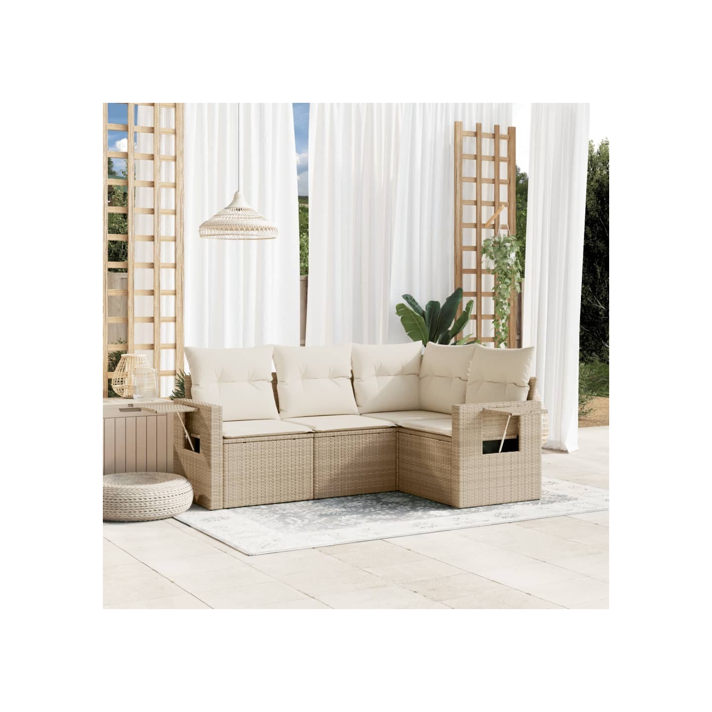 Salon de jardin avec coussins 4 pcs beige résine tressée
