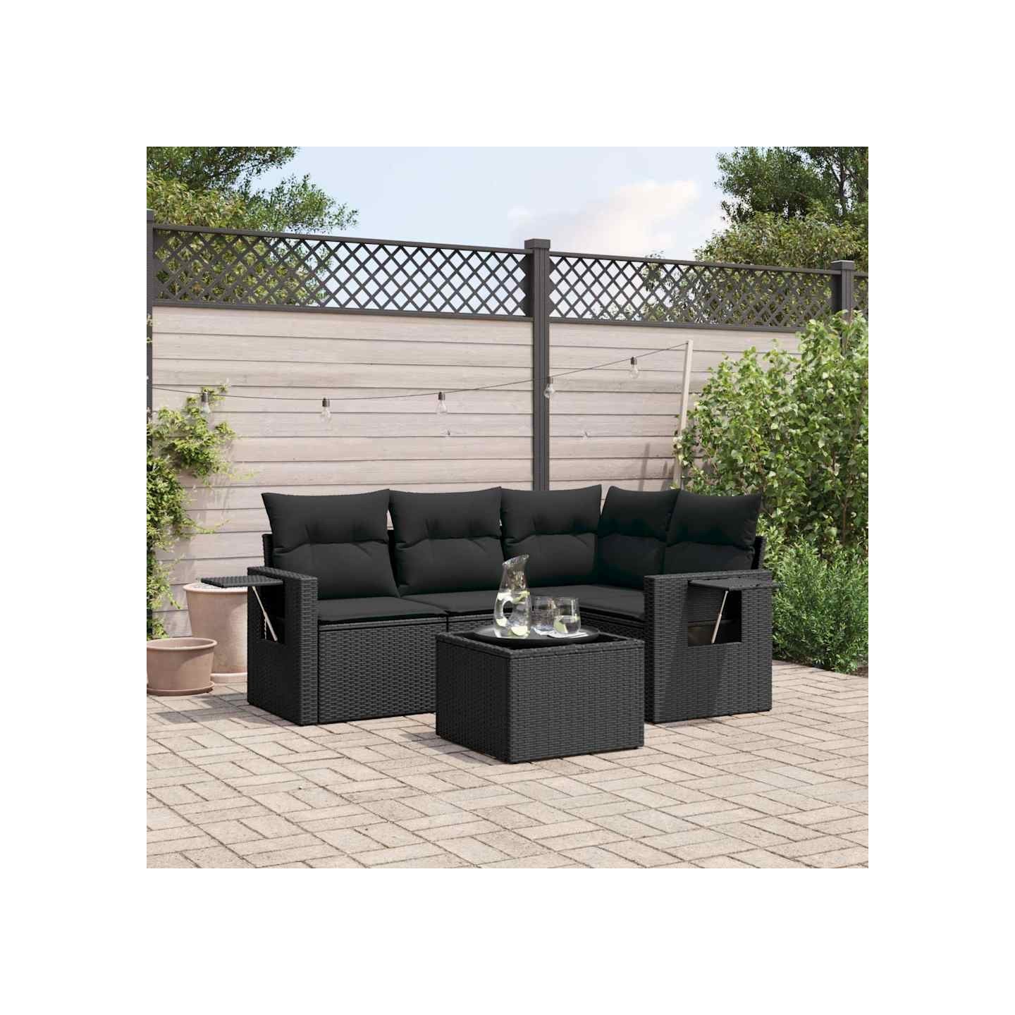 Salon de jardin 5 pcs avec coussins noir résine tressée