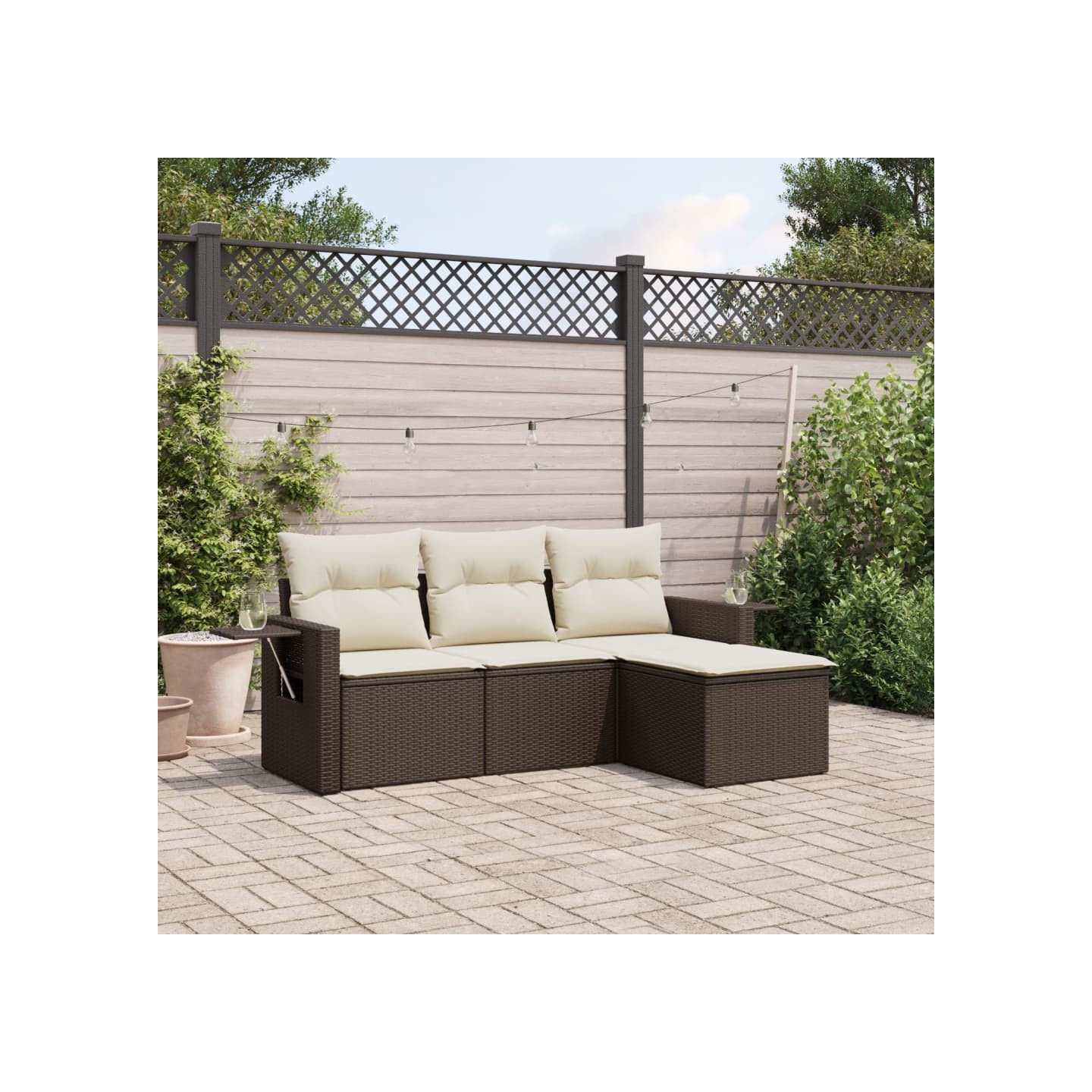 Salon de jardin 4 pcs avec coussins marron résine tressée