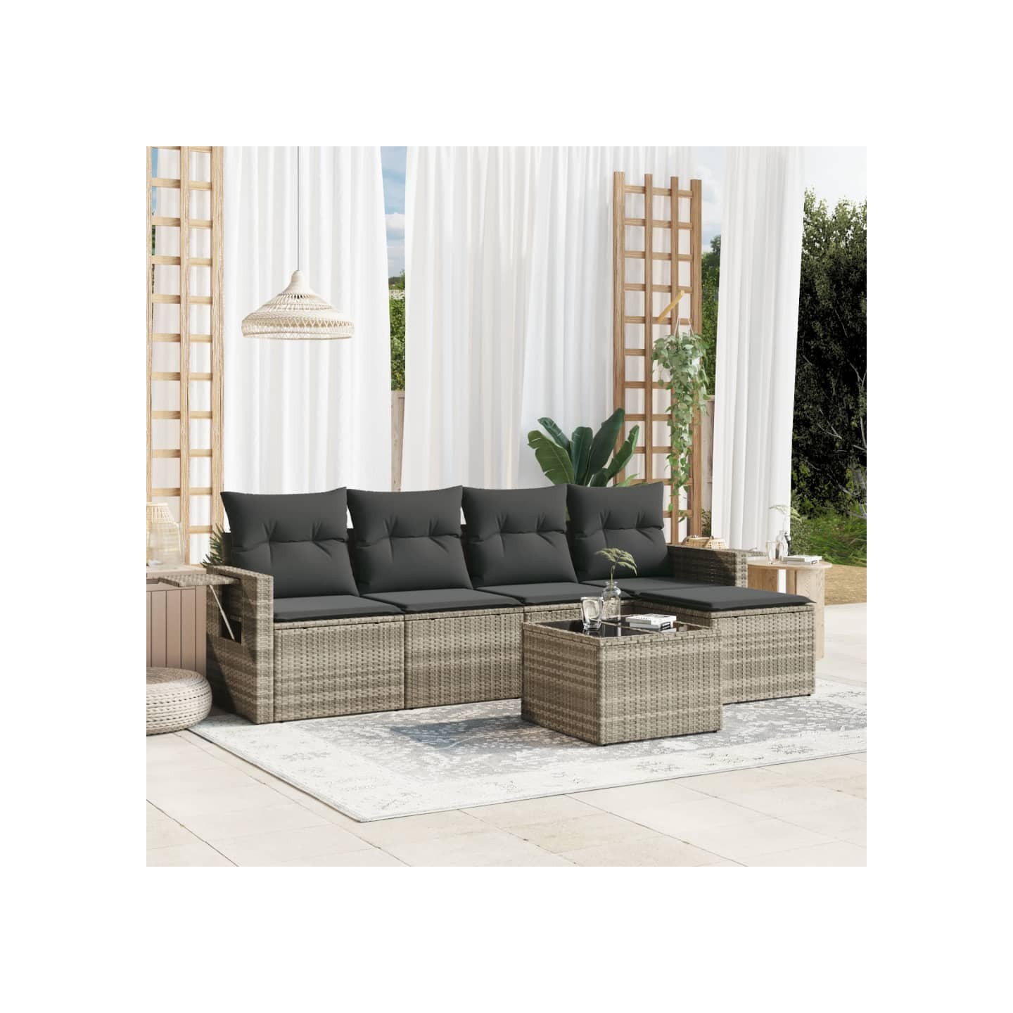 Salon de jardin 6 pcs avec coussins gris clair résine tressée