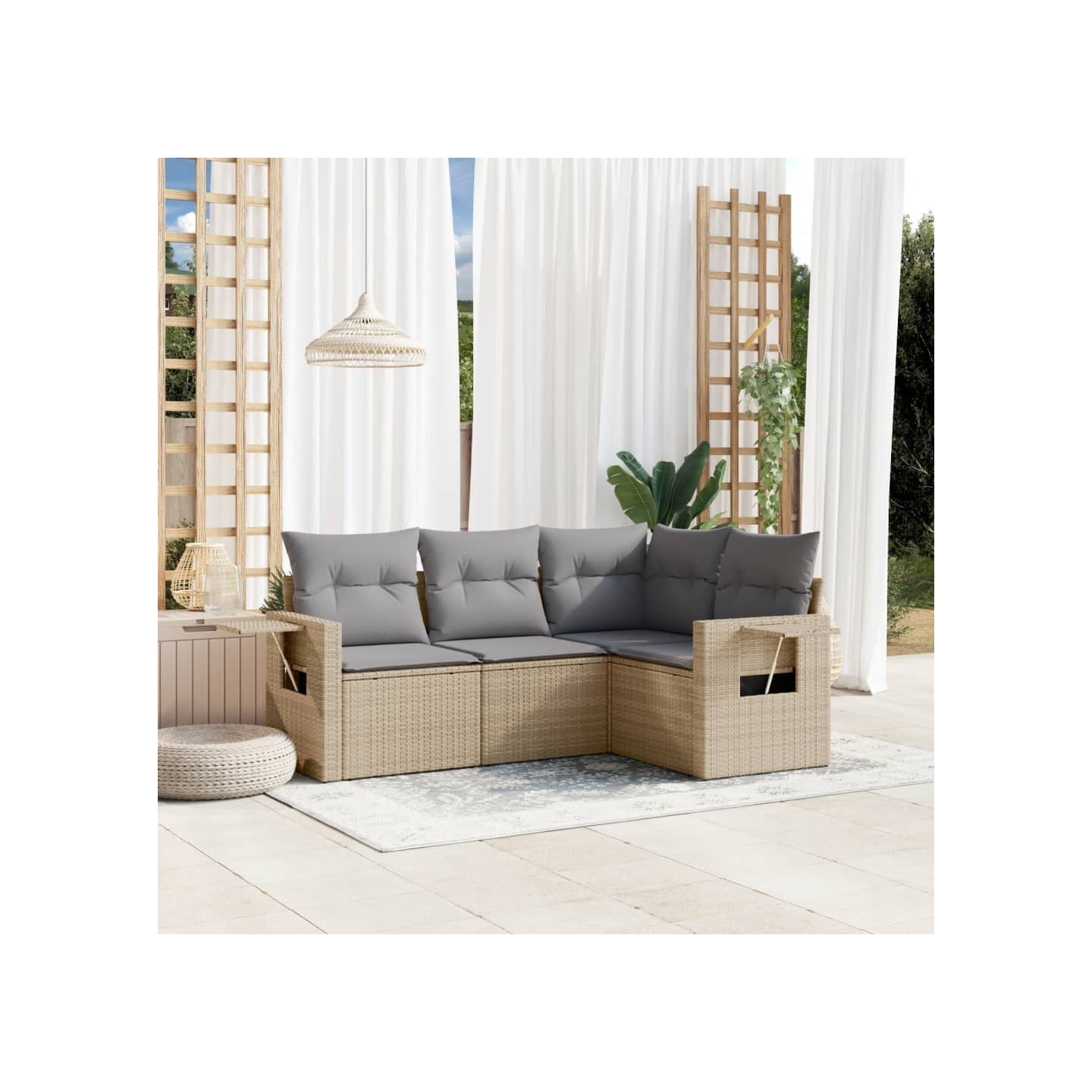 Salon de jardin avec coussins 4 pcs beige résine tressée