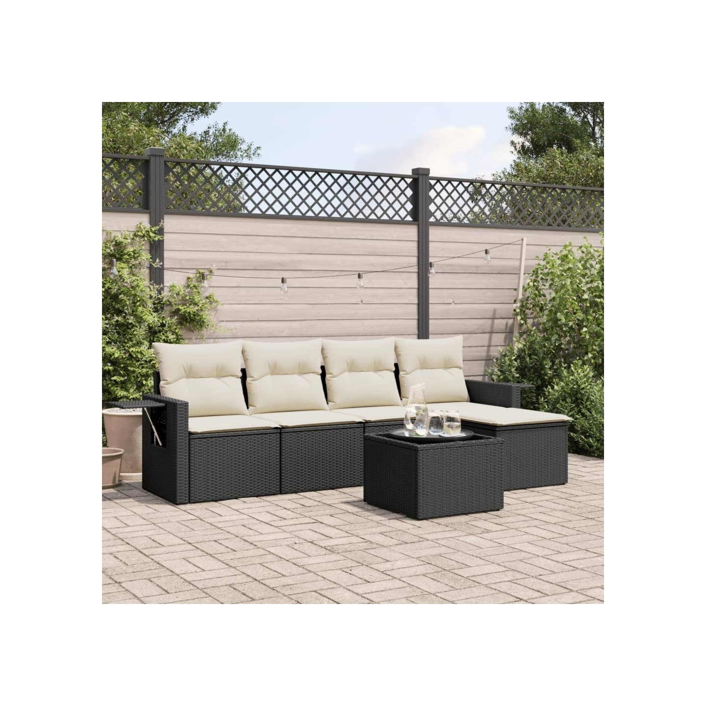 Salon de jardin 6 pcs avec coussins noir résine tressée