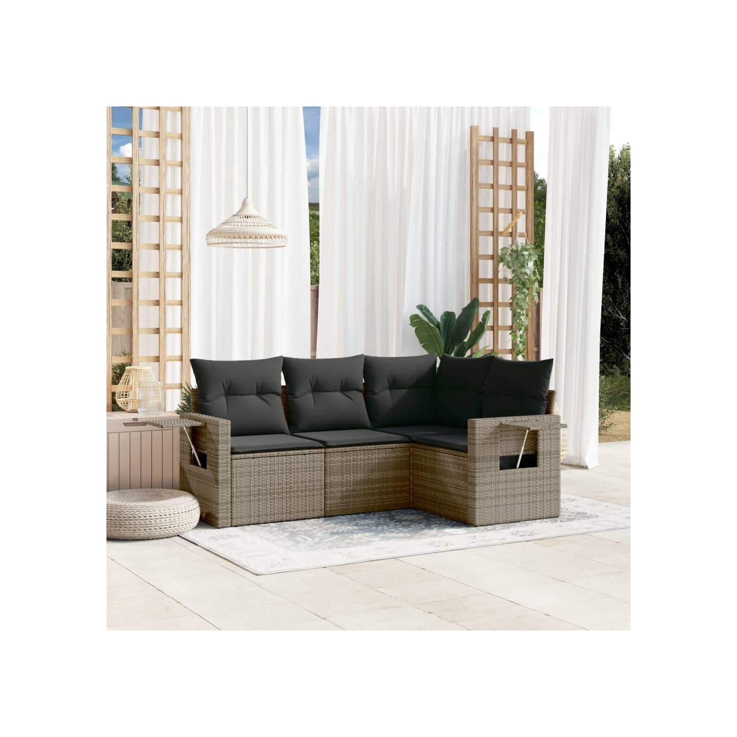 Salon de jardin 4 pcs avec coussins gris résine tressée