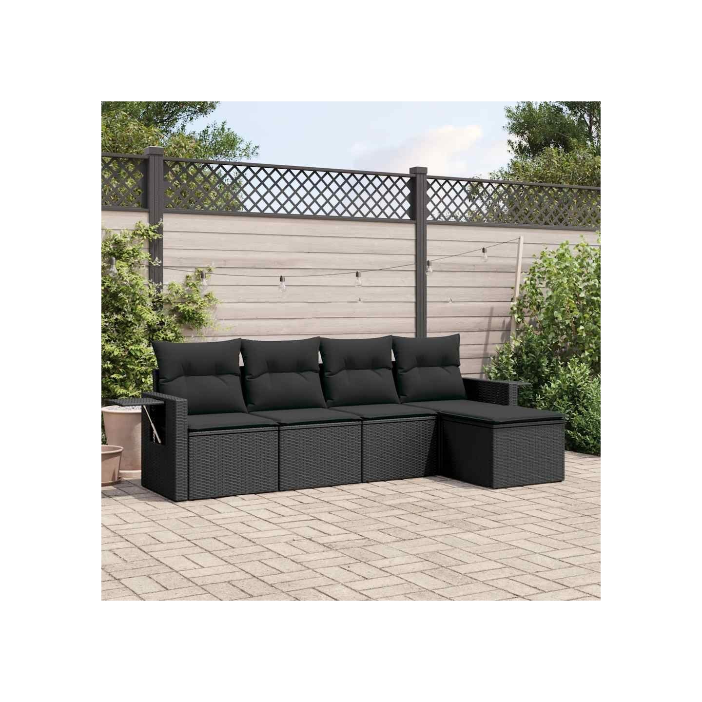 Salon de jardin 5 pcs avec coussins noir résine tressée
